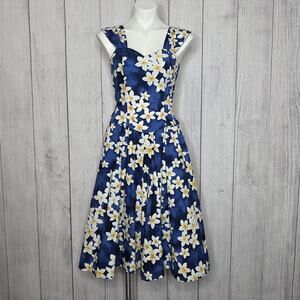 Royal Creations Hawaii Dress L Blue Plumeria Full Circle Halter Tiki Pocket